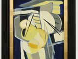 an oil painting of a yellow and black abstract painting in a black frame