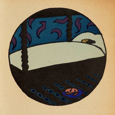 une photo d'un dessin représentant un lit sur lequel est posé un chat