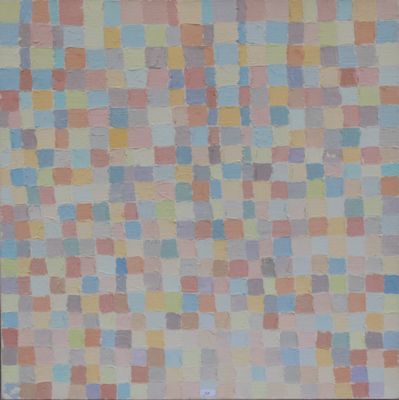 tableau représentant des carrés multicolores sur fond blanc, encadré de noir