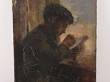 une peinture à l'huile représentant un homme en train de lire un livre posé sur une table