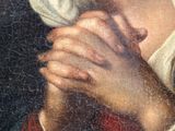 an oil painting of a woman with a veil on her head