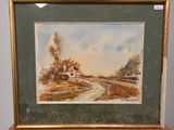 framed watercolor painting of a country road with a house in the distance
