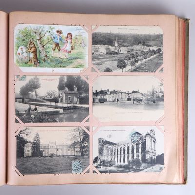 an open book with pictures of people and buildings in it