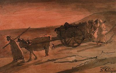 painting of a group of people walking down a dirt road with a cart pulled by a cow