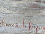 a close up of a painting of a boat on the water