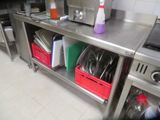 a kitchen with a bunch of utensils on the counter