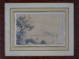 une vieille photo représentant un tableau représentant un paysage avec une rivière en arrière-plan
