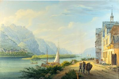 a painting on the wall of a building with a boat in the water