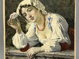 un tableau représentant une femme appuyée contre un rebord, une fleur à la main