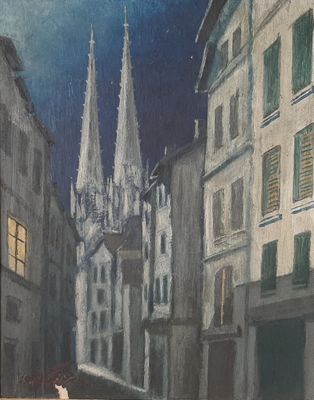 a painting of a cat that is walking down the street