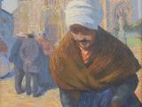 tableau représentant une femme coiffée d'un turban marchant dans une rue