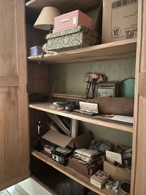 a closet with a lot of boxes and boxes on the shelves