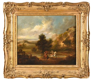 une image représentant un tableau de chevaux et de cavaliers dans un paysage montagneux