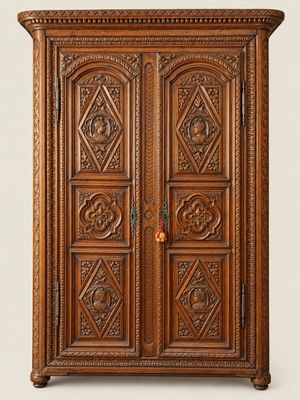 a wooden armoire with carvings and carvings on the doors