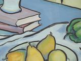 une peinture représentant un bol de poires et un poivron vert posés sur une table