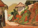 une peinture à l'huile représentant un petit village avec un toit de chaume