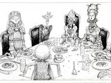 drawing of a dinner table with skeletons and skeletons sitting around it