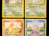 four different pokemon cards are shown on a black background