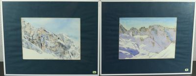 pair of two framed paintings of a snowy mountain scene