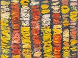 an abstract painting of a group of oranges and yellows on a black background