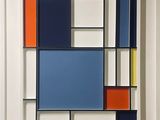 an abstract painting of squares and rectangles in a white frame