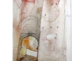 a watercolor painting of an open door in a room
