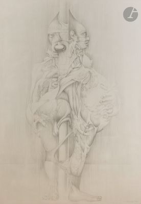 dessin au crayon représentant la statue d'un homme tenant une épée