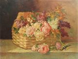 une peinture représentant un panier de fleurs sur une table