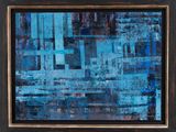a painting of a blue cityscape in a black frame