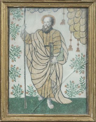 painting of a man with a staff in a gold frame