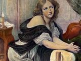 a painting of a woman sitting on the floor