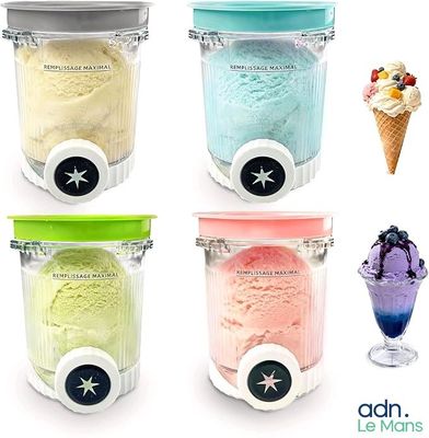 four different flavors of ice cream in a blender with a scoop of ice cream in it