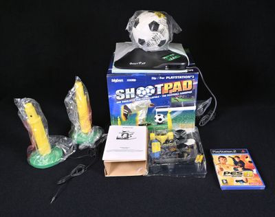 a box with a soccer ball and other items on it