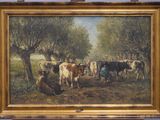a painting of a group of cows in a field