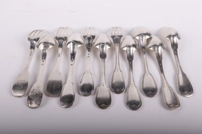 six spoons and a fork are lined up on a white surface