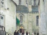 tableau représentant une scène de rue avec de vieilles voitures et des passants