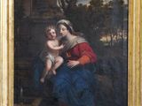 une peinture ancienne représentant une femme tenant un enfant sur ses genoux