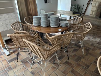 une table sur laquelle sont posées de nombreuses assiettes, dans la cuisine