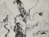 an old drawing of a woman holding a cat and flying a kite