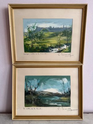 deux tableaux encadrés représentant un paysage avec une rivière au premier plan