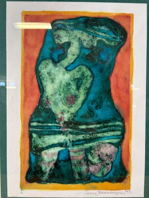 painting of a man and a woman hugging each other in front of a green background
