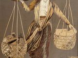 un tableau représentant une femme portant des paniers et un oiseau