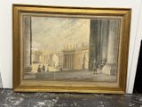 une peinture représentant une peinture d'un bâtiment autour duquel des gens se promènent