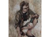 an oil painting of a man sitting on the ground with his legs crossed