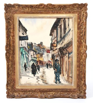 une peinture à l'huile représentant une scène de rue avec des personnes marchant dans la rue