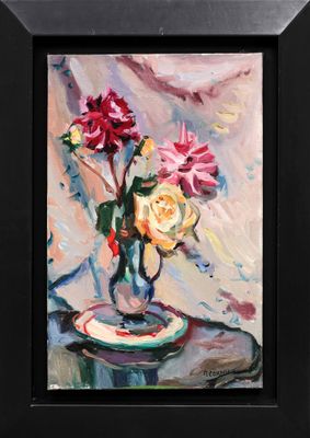 une peinture de fleurs dans un vase sur une table