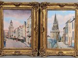 deux tableaux représentant une rue de la ville avec une tour horloge en arrière-plan