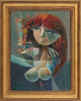 une peinture à l'huile représentant une femme tenant un papillon dans la main