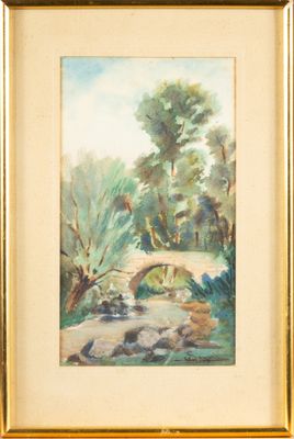 une image représentant un tableau d'un pont enjambant un ruisseau