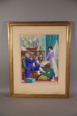 tableau encadré représentant une femme et un homme dans un salon
